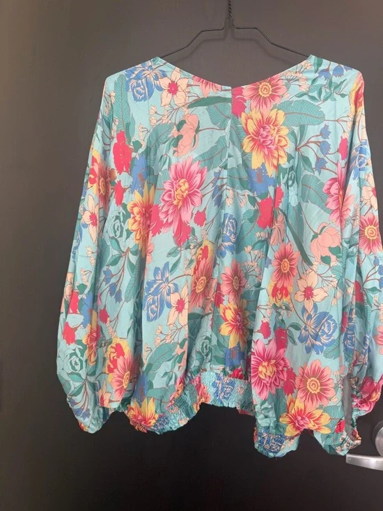 Umgee Aqua Floral V-Neck Puff Sleeve Blouse - Picture 8 of 9